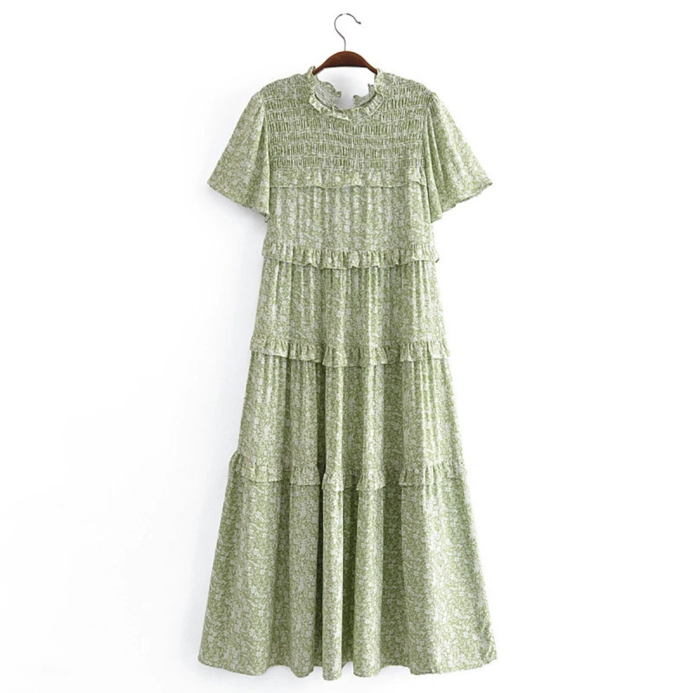Womens Spring Rayon Printed Elastic Back Tie Tiered Dress